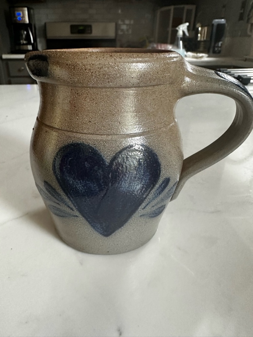 Handmade Rowe Pottery Works Creamer, Gray/Blue, Salt Glaze, Heart Design